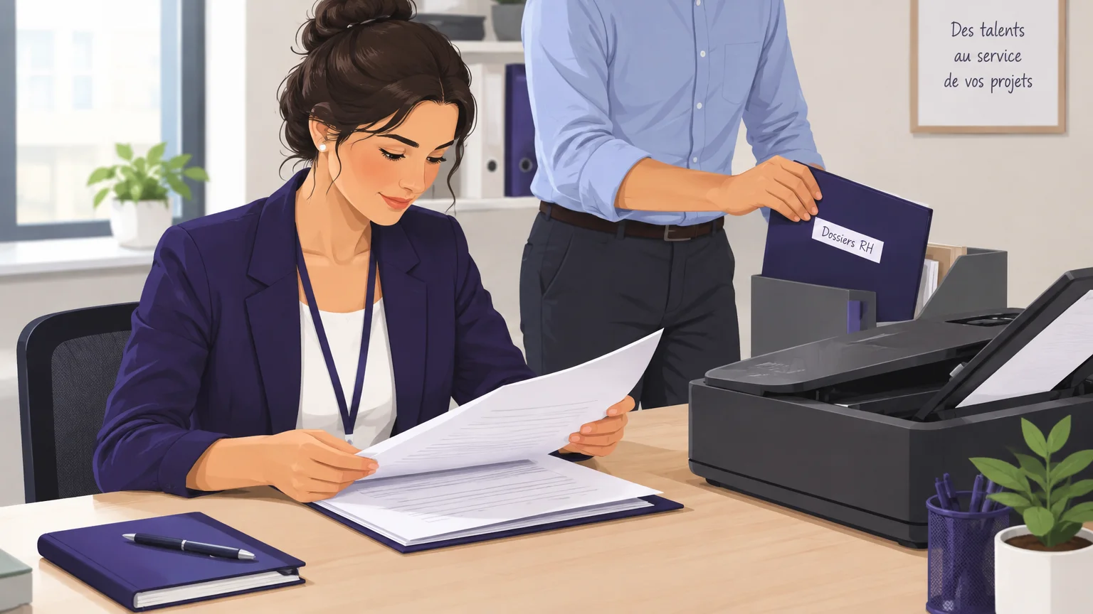 Une professionnelle vérifie un dossier RH avant sa numérisation