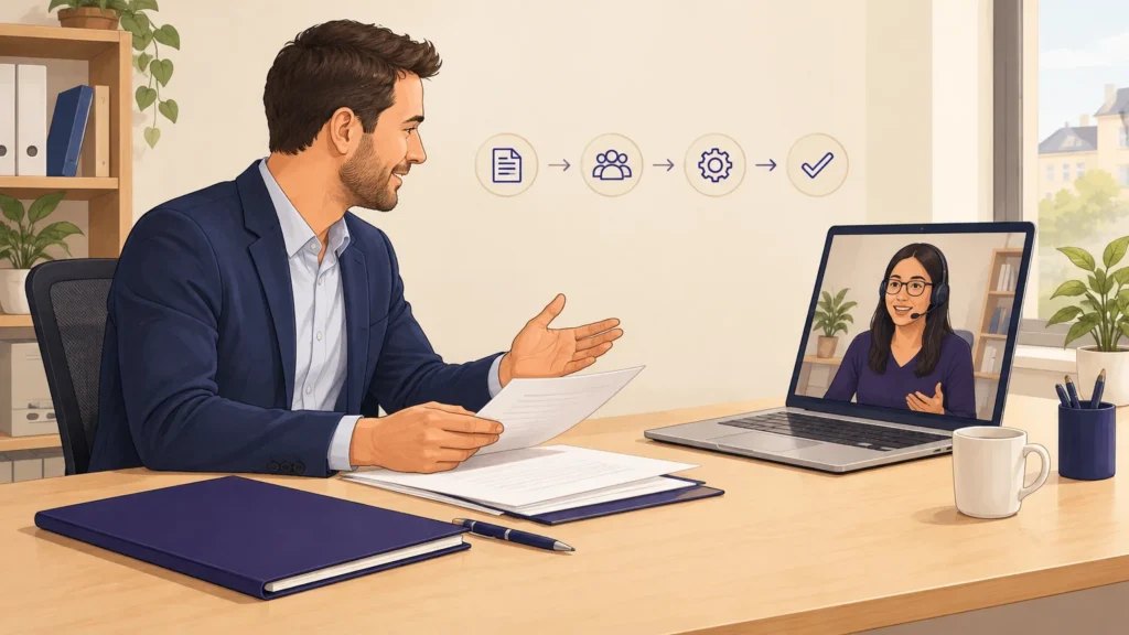 Une dirigeante de PME organise la délégation de tâches administratives avec un collaborateur à distance.